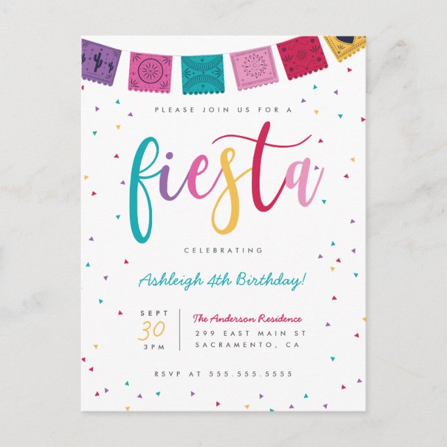 Fun Mexican Colorful Script Fiesta Kids' Birthday Invitation Postcard (Front)