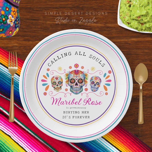 Fun Mexican Fiesta Calavera Sugar Skull Birthday Paper Plates (White calling all souls colorful mexican fiesta sugar skulls birthday party paper plates)