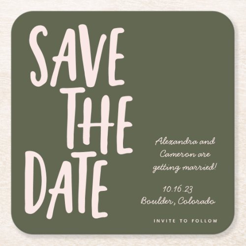 Fun Minimalist Green Pink Wedding Save The Date Square Paper Coaster