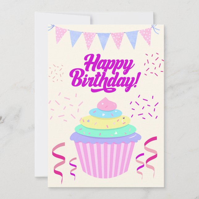 Fun Minimalist Happy Birthday Cupcake Card (Front)
