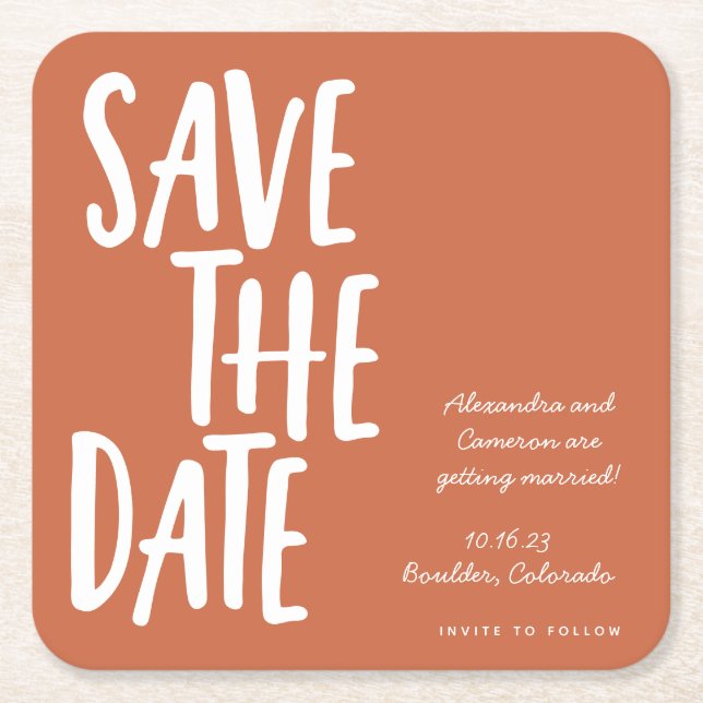 Fun Minimalist Terracotta Wedding Save The Date Square Paper Coaster (Front)