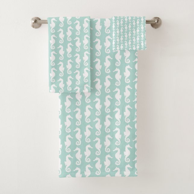 Fun mint green and white seahorse graphic pattern bath towel set (Insitu)