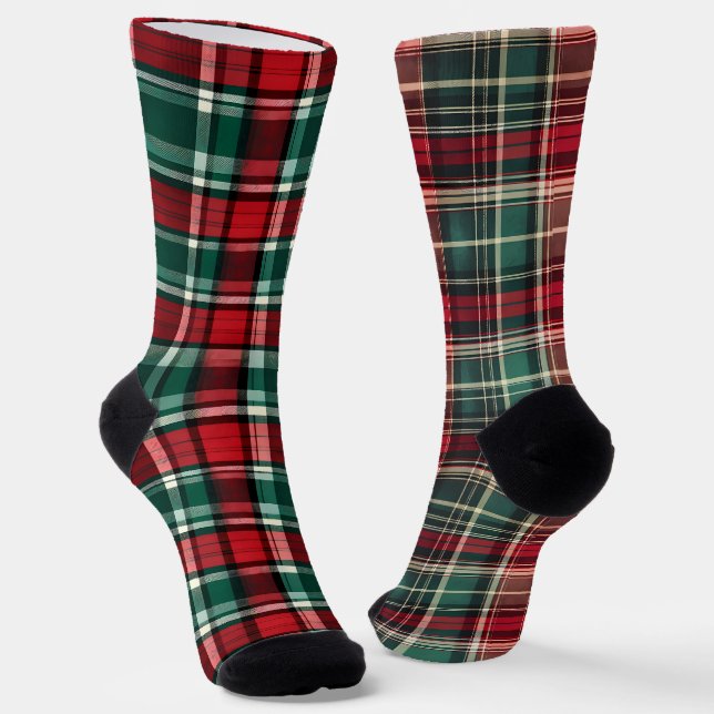 Fun Mismatch Odd Christmas Plaid Socks (Angled)
