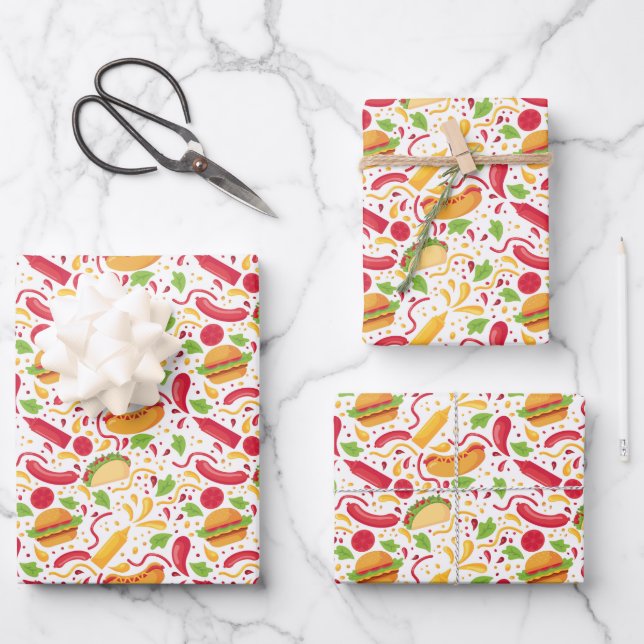 fun mixed fast food tile pattern wrapping paper sheets (Front)
