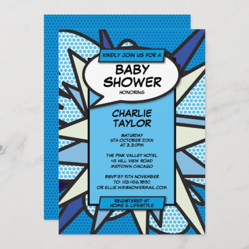 Fun Modern Baby Shower Boy Blue Comic Invitation