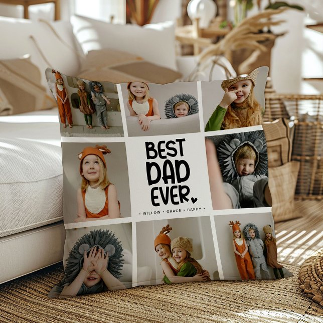 Fun Modern 'BEST DAD EVER' 6 Photo Throw Pillow (Creator Uploaded)