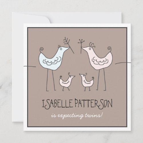 Fun Modern Birds Twin Baby Girl Shower Invitation