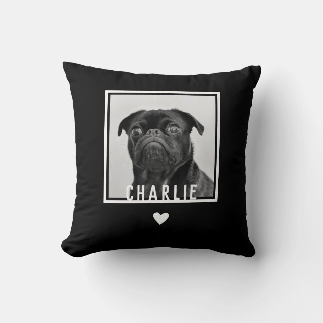 Fun Modern Black White Pug Heart Dog Photo Name Throw Pillow (Front)