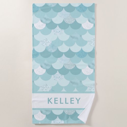 Fun Modern Blue Green Mermaid Scale Pattern Beach Towel