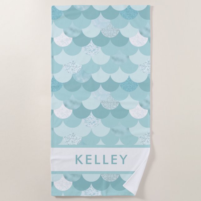 Fun Modern Blue Green Mermaid Scale Pattern Beach Towel (Front)