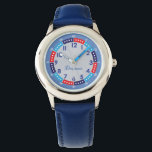 Fun Modern Blue Stylish Custom Name Kids Watch<br><div class="desc">Designed for the child who is learning to read the time, the face of the watch has clear readable dial, and fun cool stylish snazzy color. the background is a faux metallic silver to add elegance. The hour and every 5 minutes are clearly written while the 5-minute-in-between are indicated by...</div>