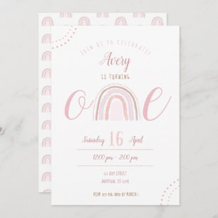 Fun Modern Boho Pink Rainbow First Birthday Invitation