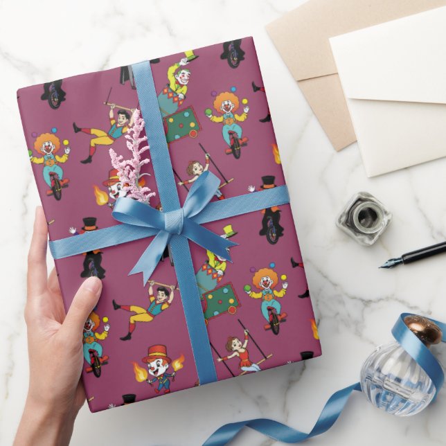 Fun Modern Cartoon Circus Carnival Purple Pattern Wrapping Paper (Gifting)