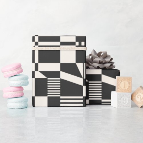 Fun Modern Checkered Black  Cream Wrapping Paper