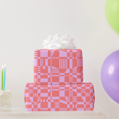 Fun Modern Checkered Coral  Lilac Wrapping Paper