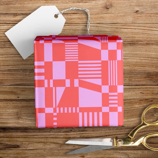 Fun Modern Checkered Coral & Lilac Wrapping Paper (Creator Uploaded)