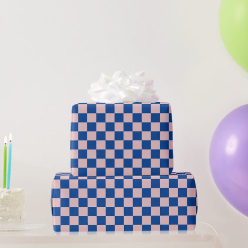 Fun Modern Checkered Electric Blue  Blush Pink Wrapping Paper