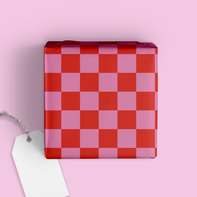 Fun Modern Checkered Red + Hot Pink Wrapping Paper (Creator Uploaded)