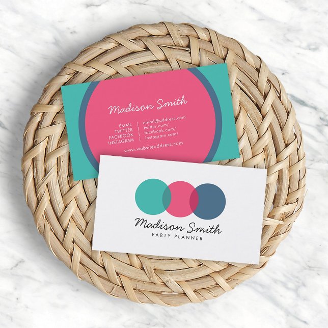 Fun Modern Circles Teal Pink Blue Social Media Business Card (Creator Uploaded)