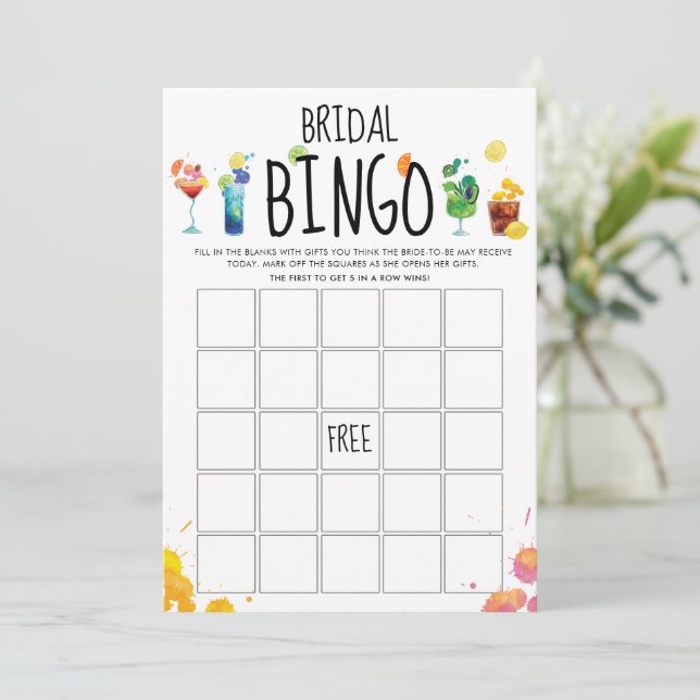 Fun & Modern Colorful Cocktails Bingo Game Card (Standing Front)