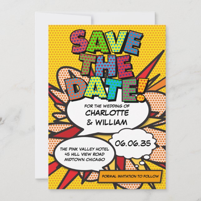 Fun Modern Colorful Comic Book Wedding Save The Date (Front)