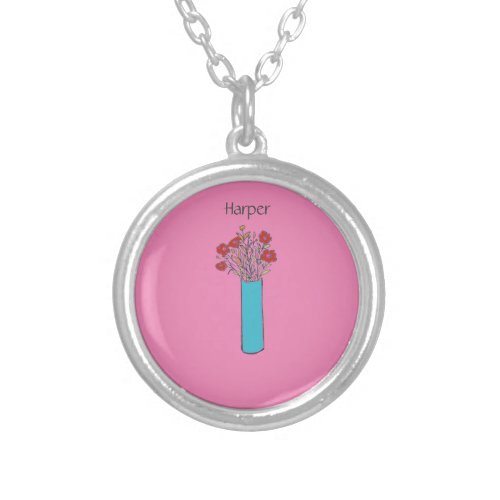 Fun Modern Colorful Flower Sketch For Her  Silver Plated Necklace
