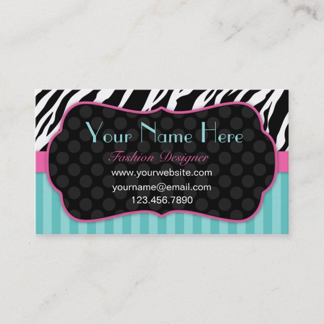 Fun, Modern, Colorful Zebra.  Blue, Pink & Black Business Card (Front)