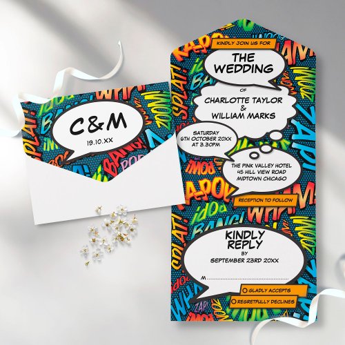 Fun Modern Comic Book Typrography Wedding  All In One Invitation
