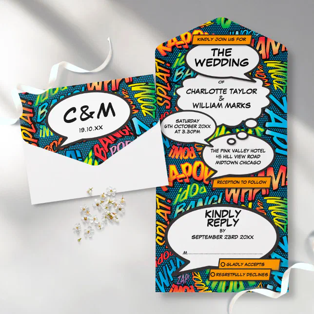 Fun Modern Comic Book Typrography Wedding All In One Invitation | Zazzle