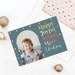 Fun Modern Confetti Happy Joyful Bright Photo Arch Foil Holiday Card<br><div class="desc">Send your holiday joy, cheer, and happiness to your family and friends with our fun and modern confetti rose gold foil Christmas card. Design features one photo design in an arch frames with colorful confetti with rose gold foil accents. " Happy, Joyful, Bright, Merry Christmas" is displayed in a fun...</div>