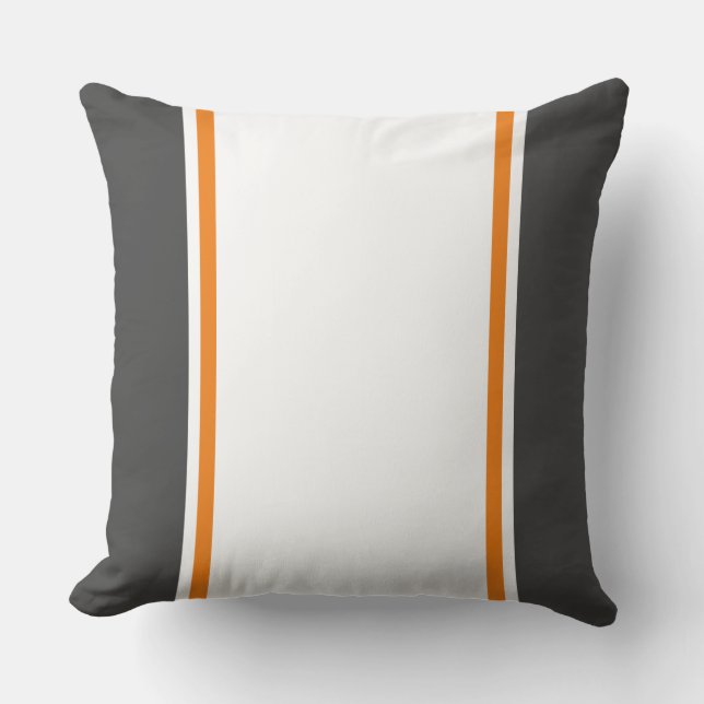 Fun Modern Dark Gray White Orange Racing Stripes Throw Pillow (Front)