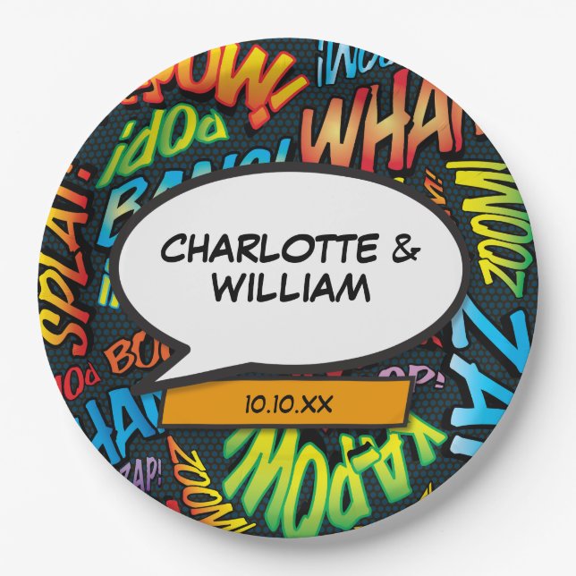 Fun Modern Designer Typographic Comic Book Paper Plates (Front)