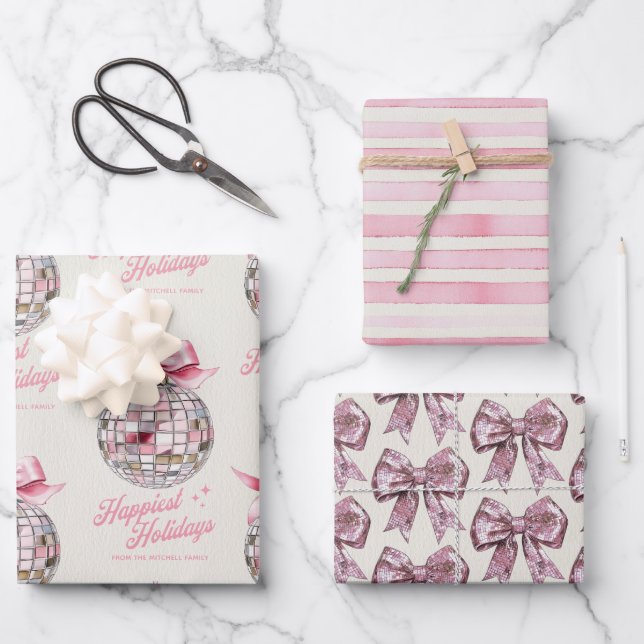 Fun Modern Disco Ball Ornament Happiest Holidays Wrapping Paper Sheets (Front)