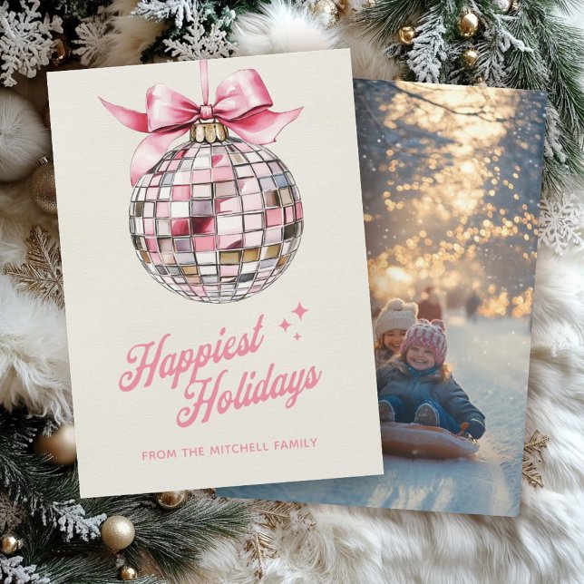 Fun Modern Disco Ball Ornament Happiest Photo Holiday Card (Creator Uploaded)
