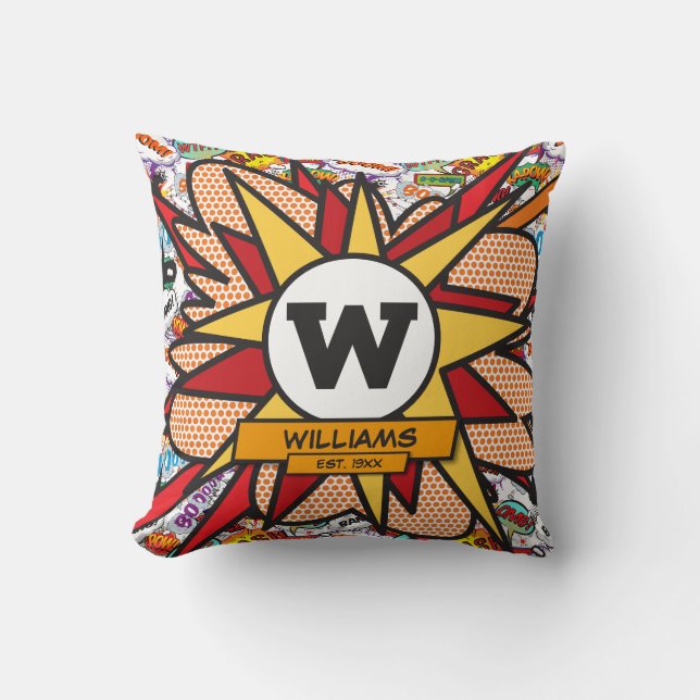 Fun Modern Family Name Monogram Comic Book Throw Pillow (Front)