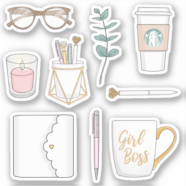 Fun Modern Girl Boss Coffee White Planner Stickers (Front)