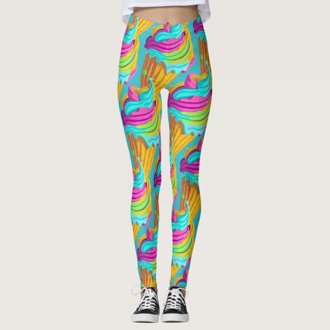 Fun Modern Girly Colorful Ice Cream Cone Pattern  Leggings (Front)