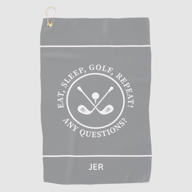 Fun Modern Golfer Sports Equipment Monogram Gray Golf Towel (Front)