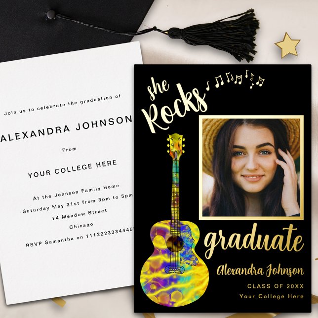Fun Modern Graduate Photo Grad Party Black & Gold Foil Invitation (Fun modern black and gold foil script graduate photo graduation party invitation country music )