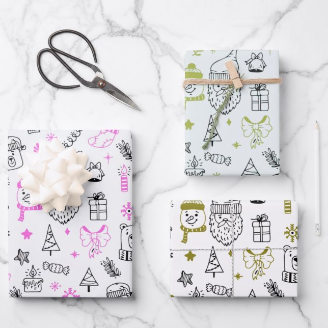 Fun Modern Line Drawing Holiday Themed Christmas Wrapping Paper Sheets (Front)