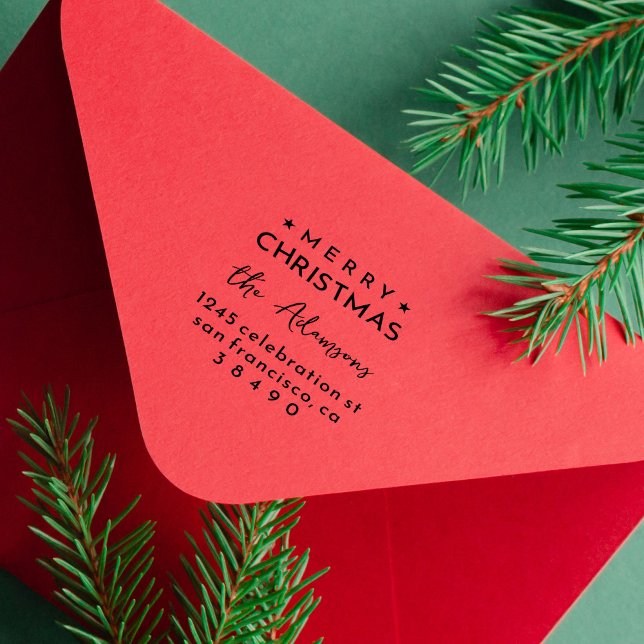 Fun Modern Merry Christmas Family Return Address Rubber Stamp (Creator Uploaded)