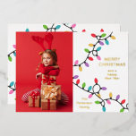 Fun Modern Merry Christmas Festive Lights Photo Foil Holiday Card<br><div class="desc">Fun Modern Merry Christmas Festive Lights Photo Foil Holiday Card Foil Stamped Christmas Cards features a fun, modern simple design with your favorite photo with the foil text overlay "Merry Christmas" in modern script typography on a white background accented with colorful christmas lights. Personalized your names or custom text below...</div>