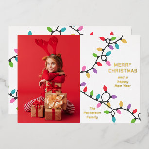 Fun Modern Merry Christmas Festive Lights Photo Foil Holiday Card