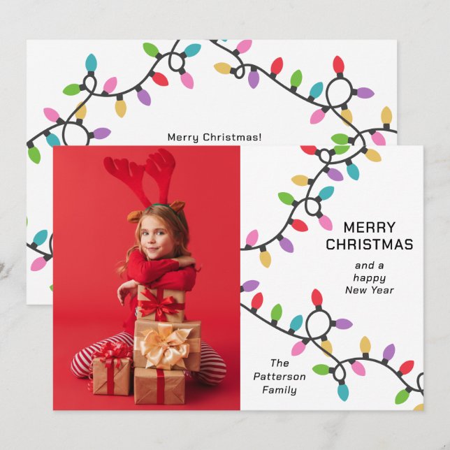 Fun Modern Merry Christmas Festive Lights Photo Holiday Card (Front/Back)