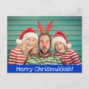 Fun Modern Merry Christmukkah Photo Blue and White Holiday Postcard