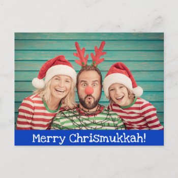 Fun Modern Merry Christmukkah Photo Blue And White Holiday Postcard by Shiksas_Chrismukkah at Zazzle