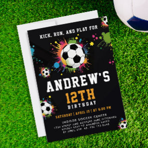 Fun Modern Orange Black Soccer Sport Ball Paint Invitation