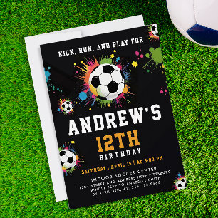 Fun Modern Orange Black Soccer Sport Ball Paint Invitation