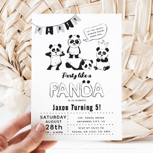 Lot de 8 cartes d'invitation anniversaire enfant - Fille- Animaux - Panda  en Peinture Aquarelle