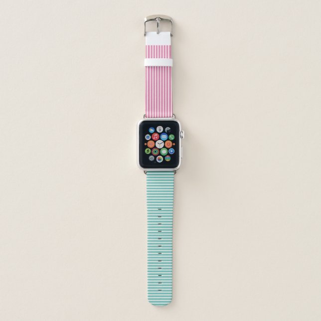 Fun Modern Pink & Aqua Stripe Pattern Apple Watch Band (Front)